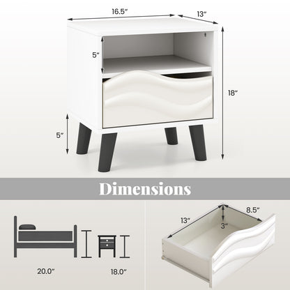 Nightstand Mid Century Modern Bedside Table with 3D Wavy Pattern and Open Shelf-White