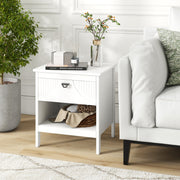 2-tier Wood Nightstand with Drawer and Open Storage Shelf for Bedroom-White