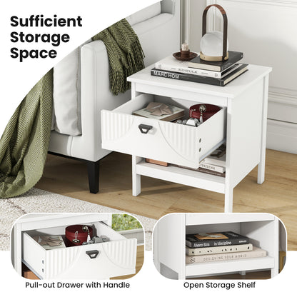 2-tier Wood Nightstand with Drawer and Open Storage Shelf for Bedroom-White