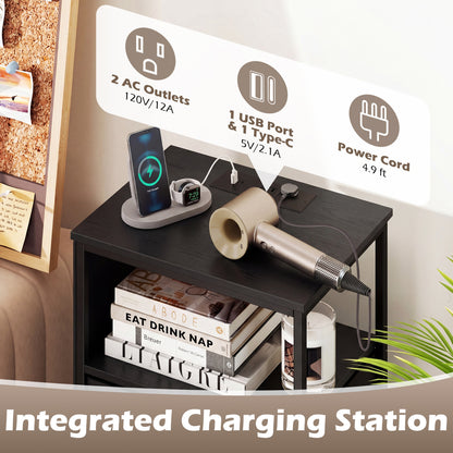 Nightstand with Integrated Charging Station 39 Inches Modern Bedside Table