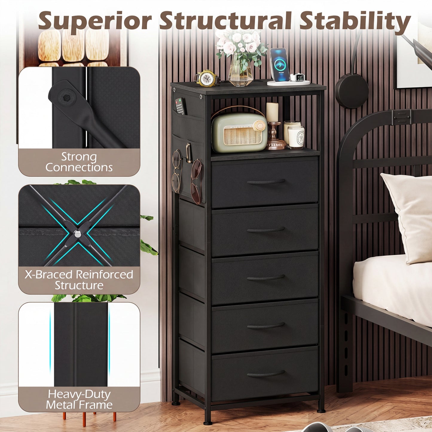 Nightstand with Integrated Charging Station 39 Inches Modern Bedside Table