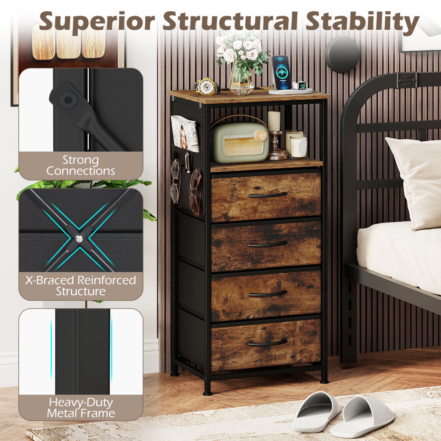 Nightstand with Integrated Charging Station 34" Modern Bedside Table