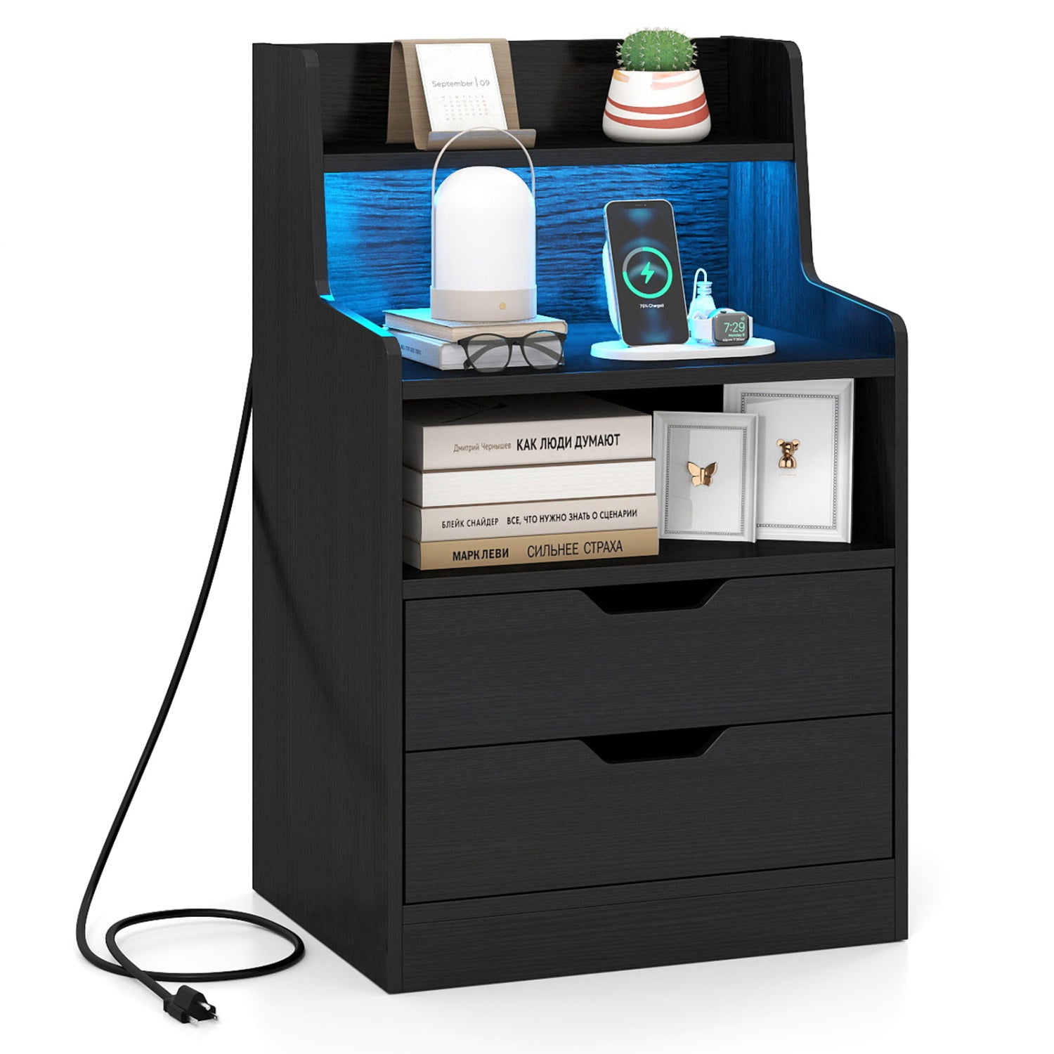 Nightstand with LED Light and Charging Station for Living Room Bedroom-Black - Black