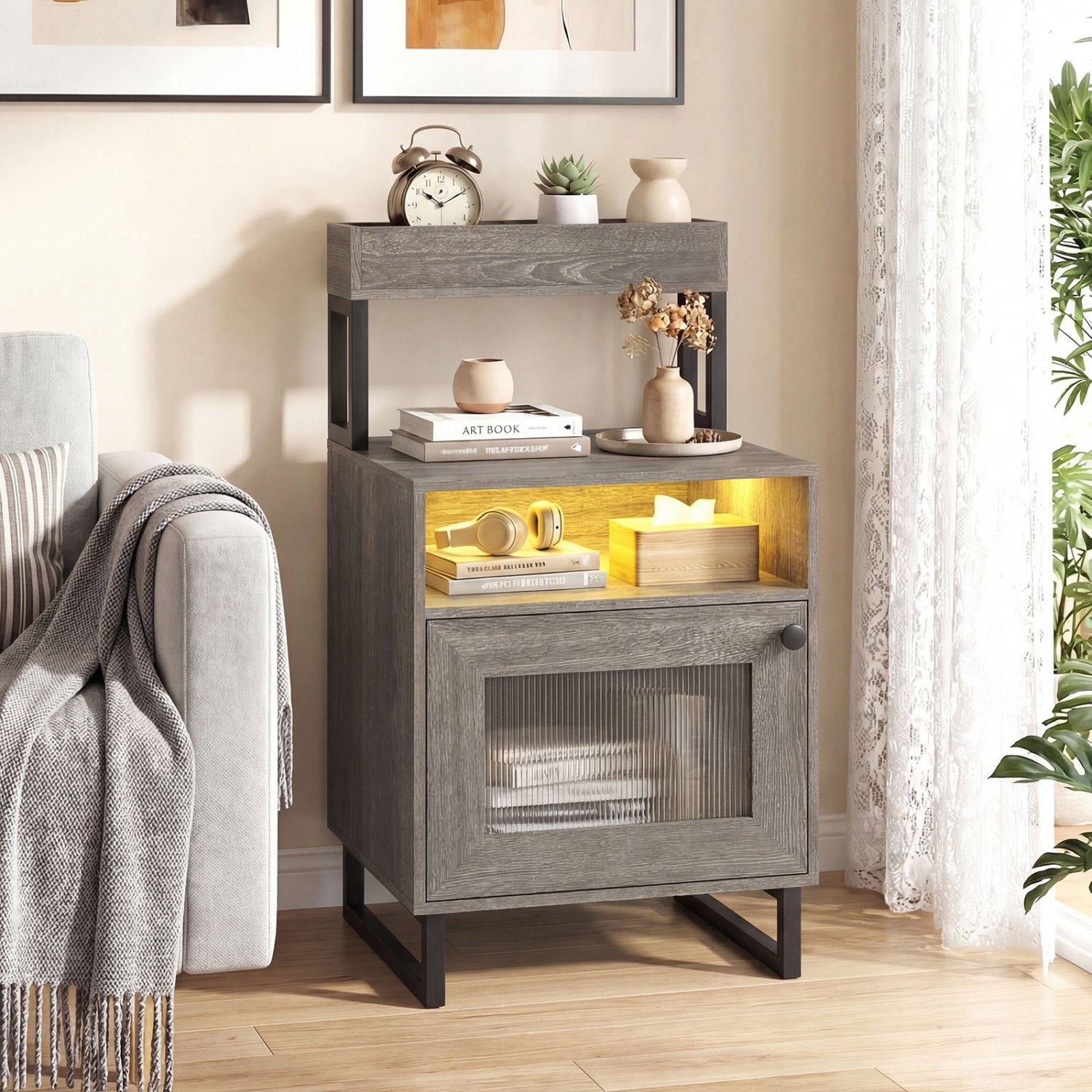 Nightstand with LED Lights Modern End Table with Top Tray Open Compartment and Storage Cabinet