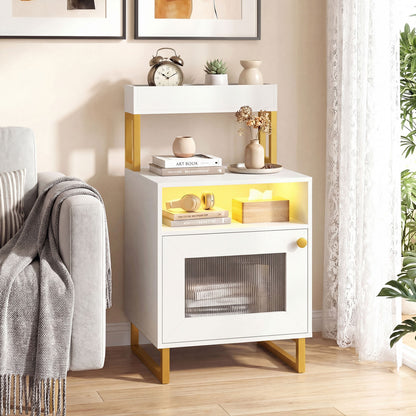 Nightstand with LED Lights Modern End Table with Top Tray Open Compartment and Storage Cabinet