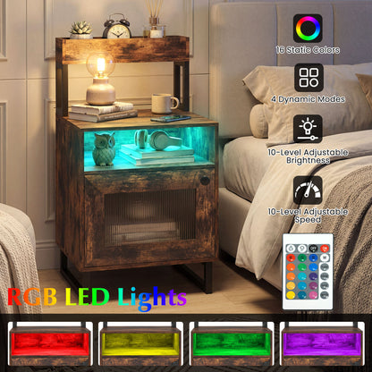 Nightstand with LED Lights Modern End Table with Top Tray Open Compartment and Storage Cabinet