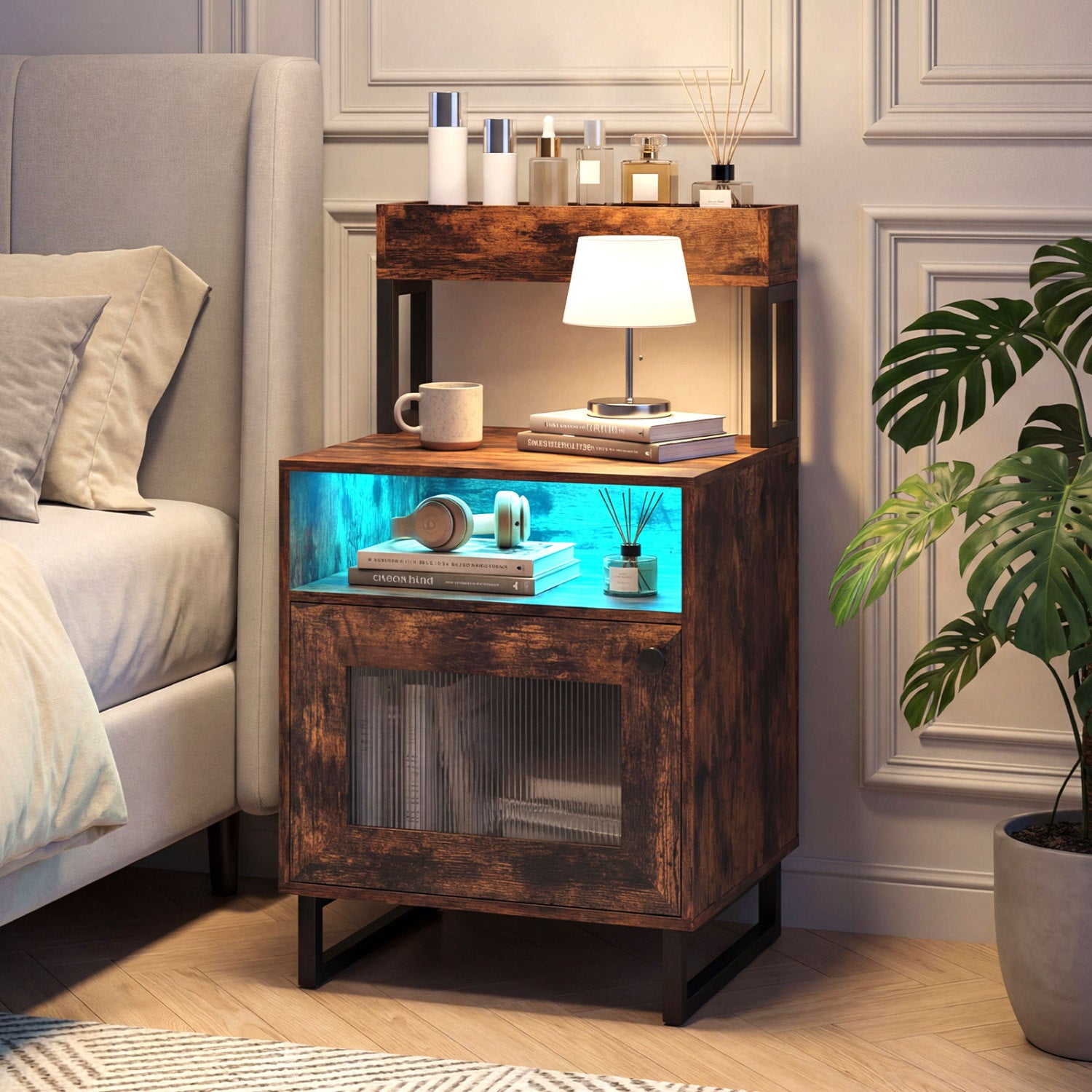 Nightstand with LED Lights Modern End Table with Top Tray Open Compartment and Storage Cabinet
