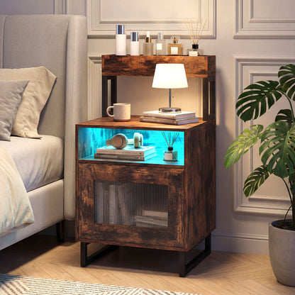 Nightstand with LED Lights Modern End Table with Top Tray Open Compartment and Storage Cabinet