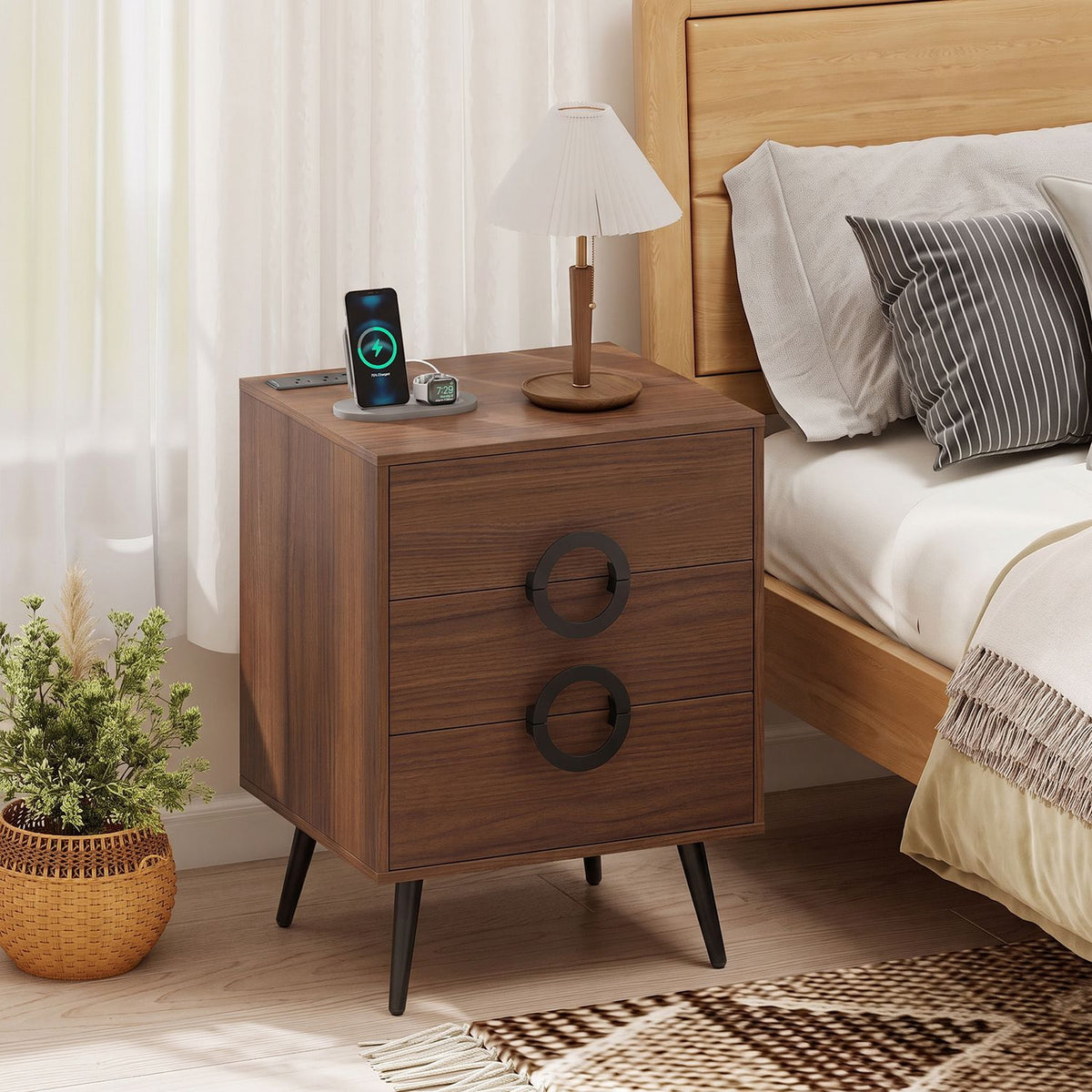 Nightstand with Power Outlets and 3 Drawers Modern Bedside Table with Cable Hole