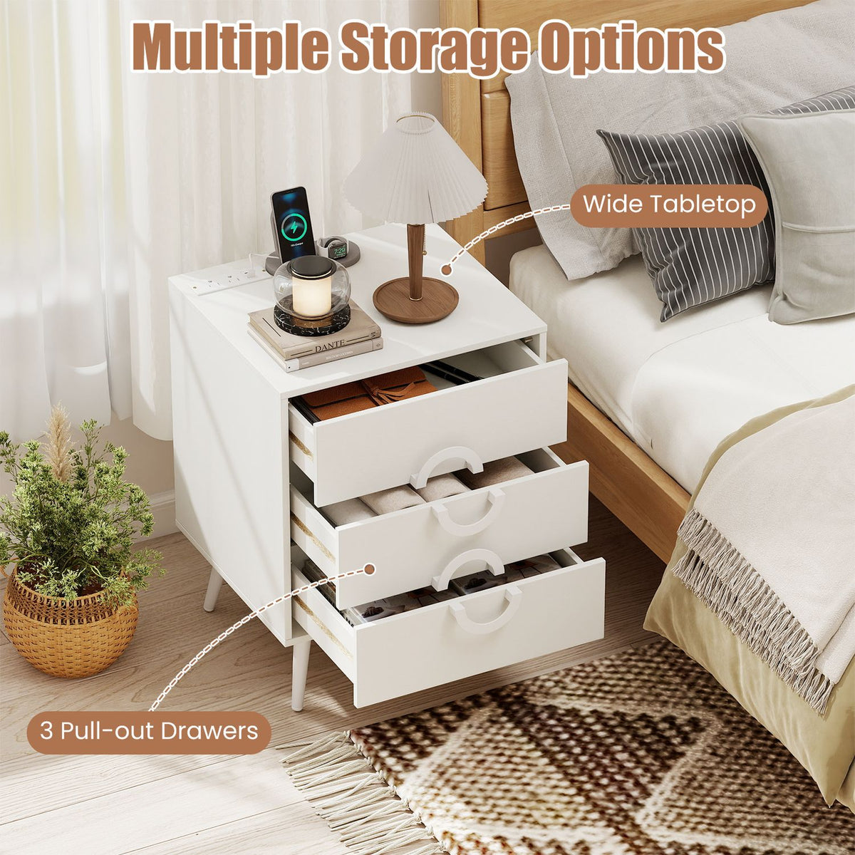 Nightstand with Power Outlets and 3 Drawers Modern Bedside Table with Cable Hole