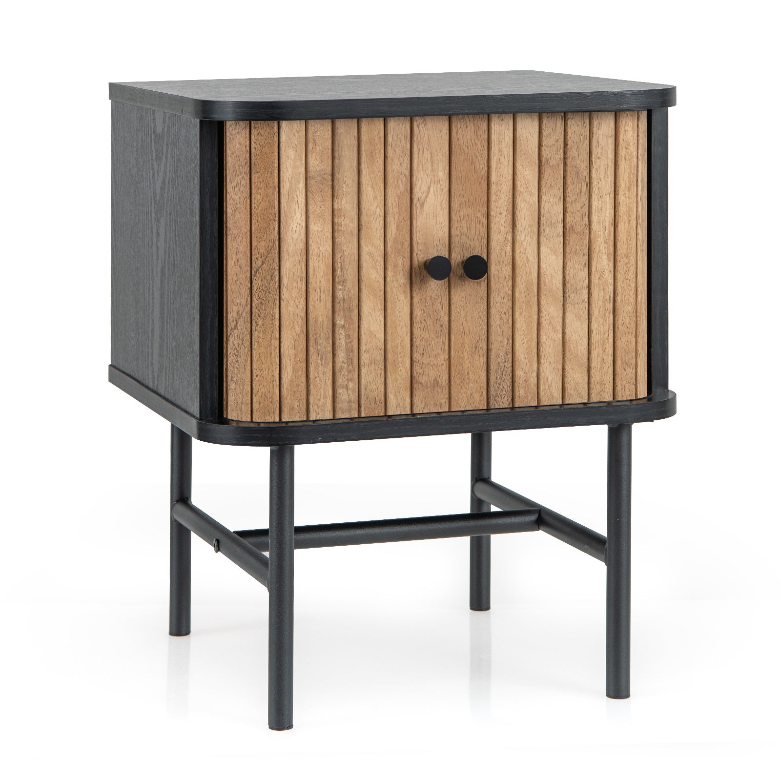 Mid-century Modern Nightstand with Sliding Doors and Storage Cabinet-Black - Black