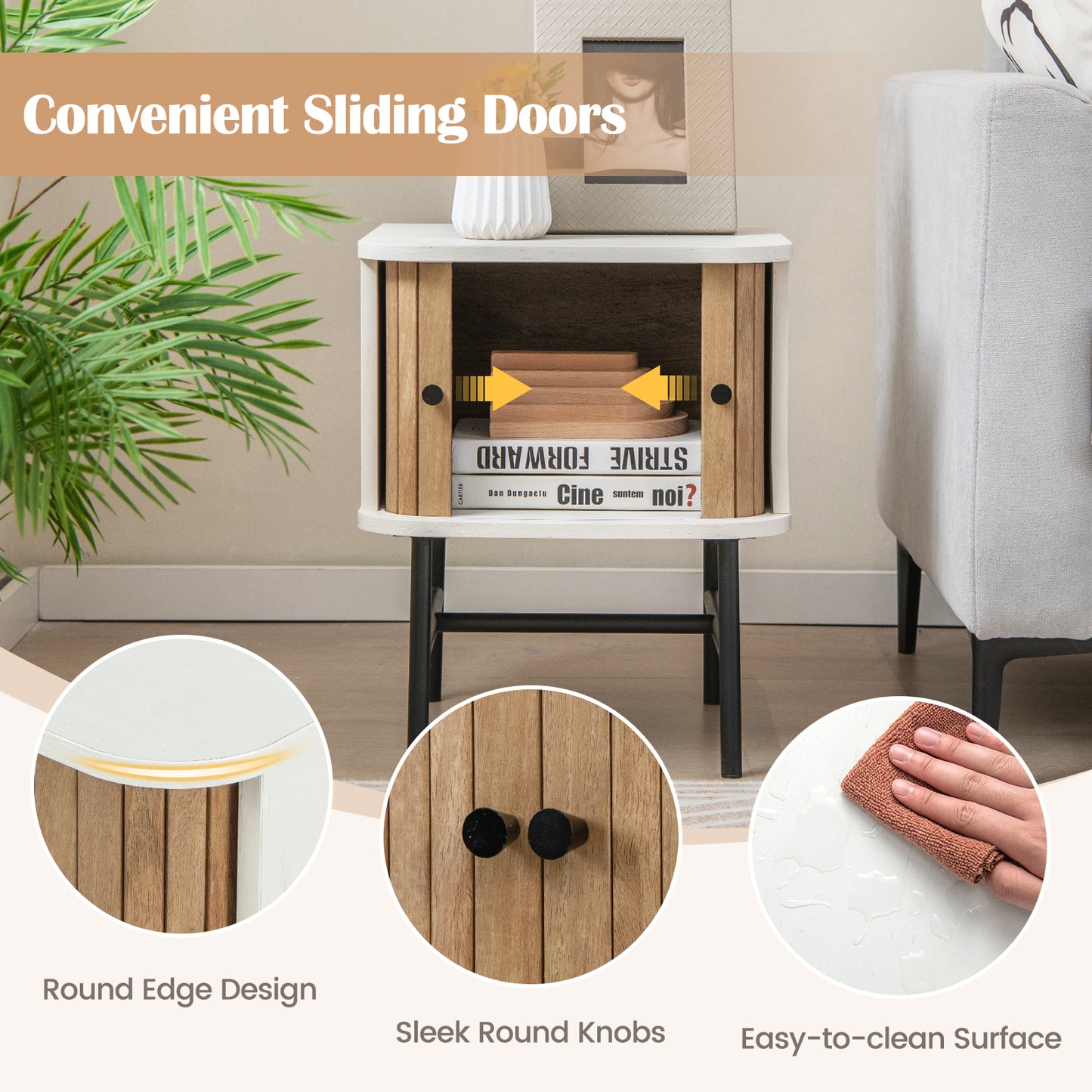 Mid-century Modern Nightstand with Sliding Doors and Storage Cabinet