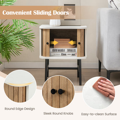 Mid-century Modern Nightstand with Sliding Doors and Storage Cabinet