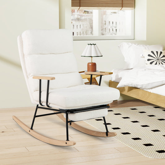Nursery Rocking Chair Teddy Velvet Upholstered Rocking Chair-White