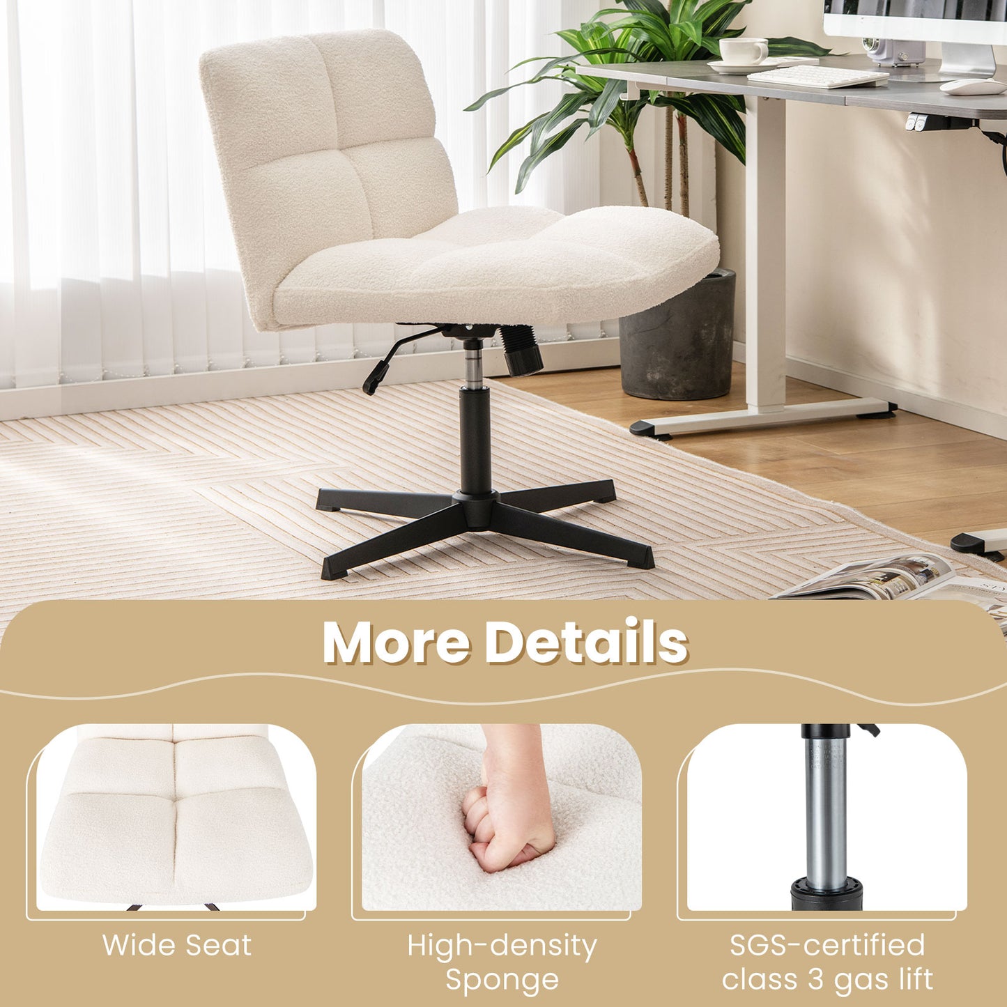 Office Armless Chair Cross Legged with Imitation Lamb Fleece and Adjustable Height