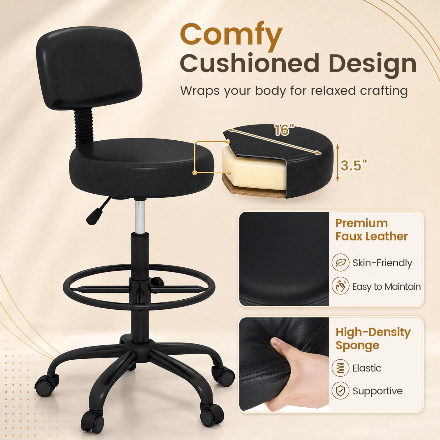 Drafting Chair with Adjustable Height & Footring