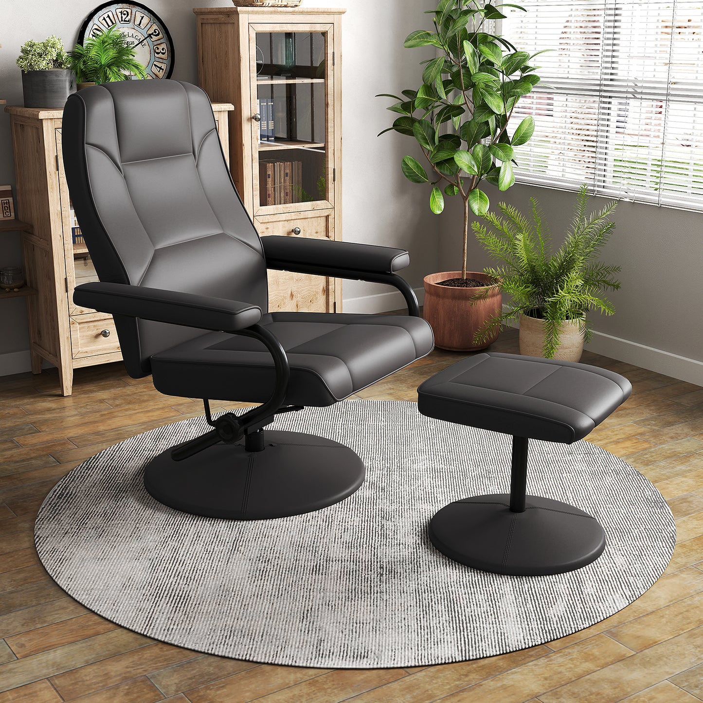 Swivel Recliner Chair with Ottoman in Black PU Leather