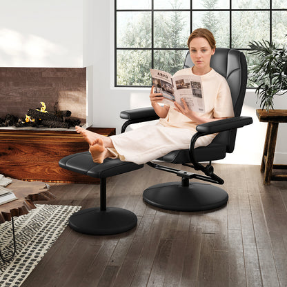 Swivel Recliner Chair with Ottoman in Black PU Leather