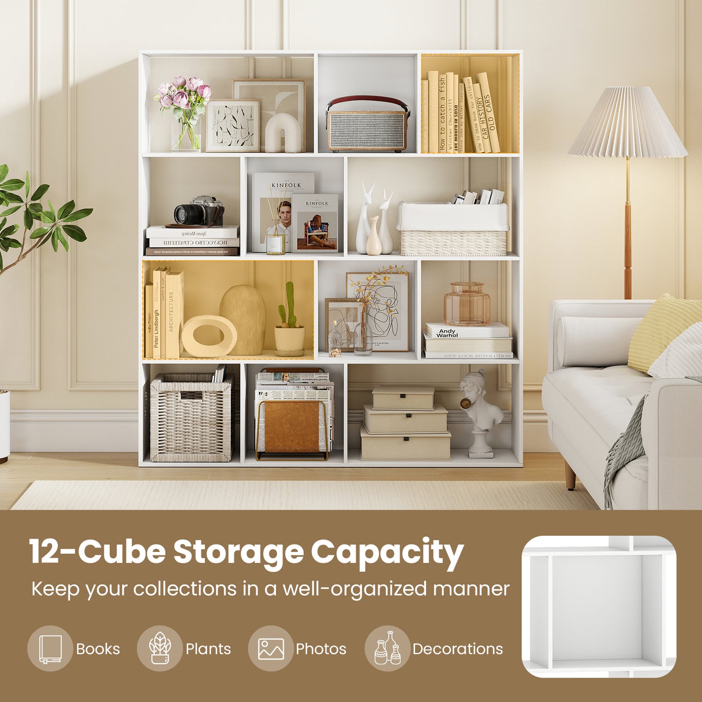 Open Shelf Bookcase 4-Tier Modern Bookshelf with 12 Storage Compartments-White