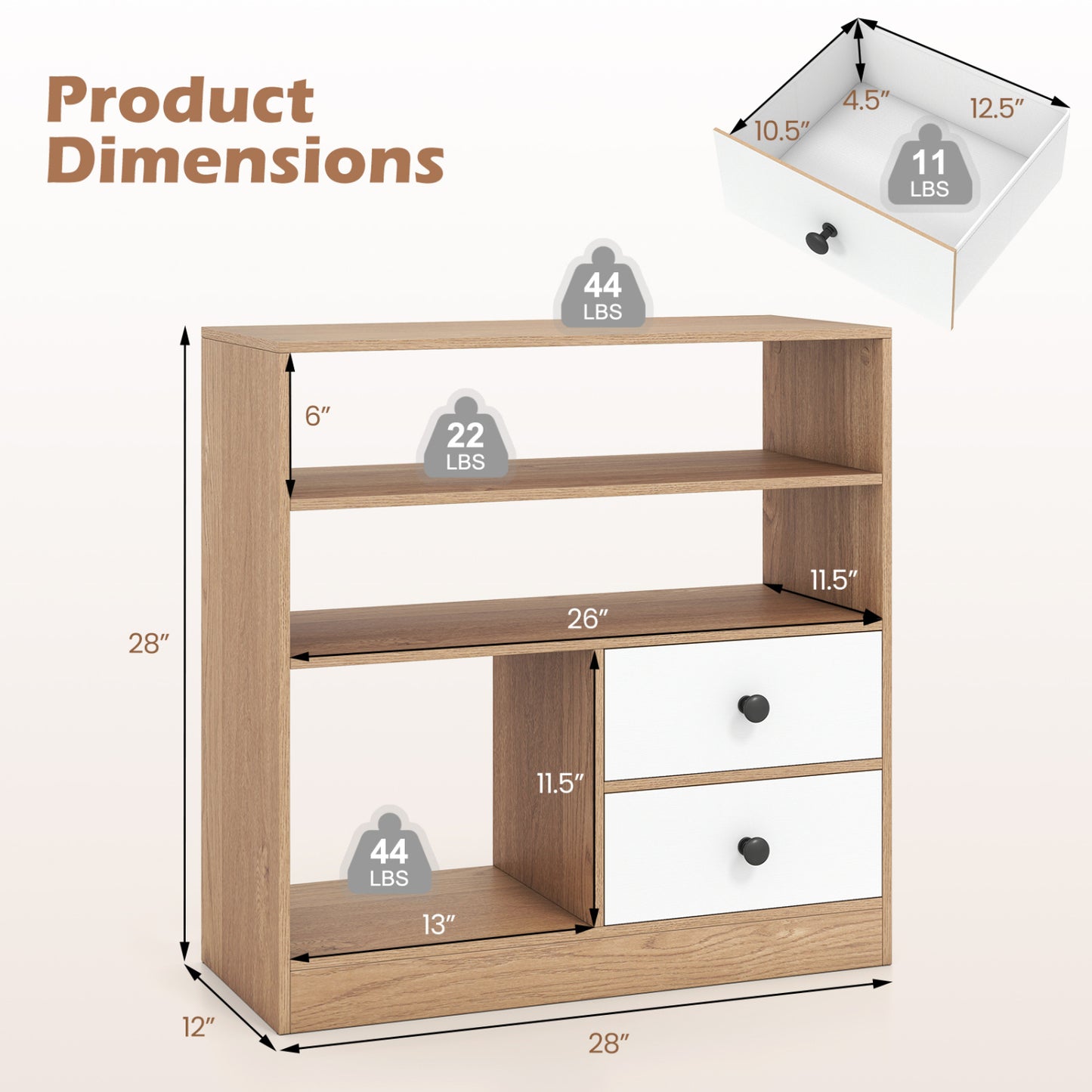 Storage Cabinet with 3 Shelves and 2 Fabric Drawers