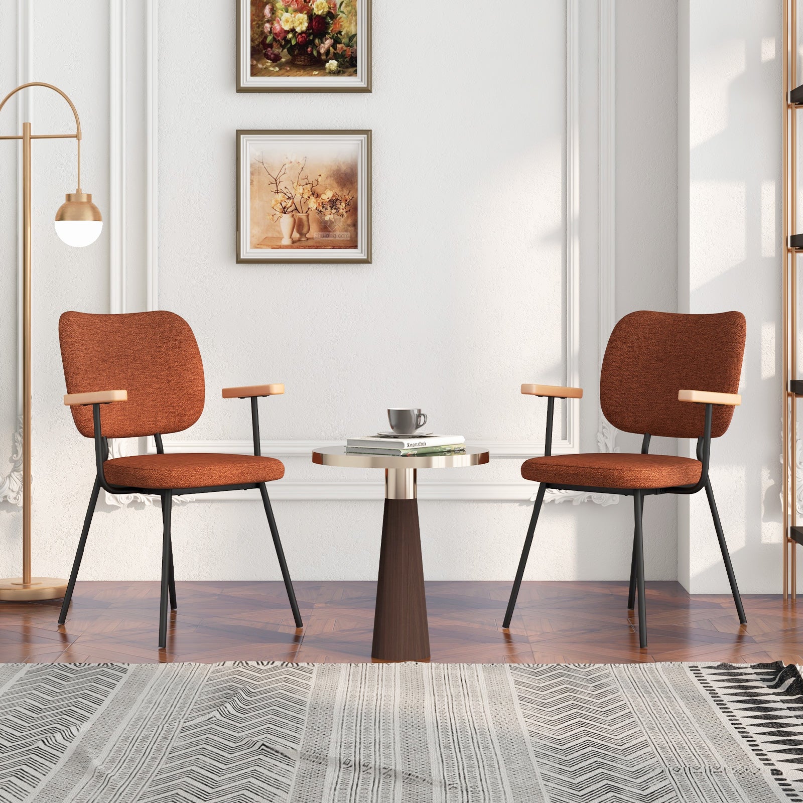 Set of 2 Modern Fabric Dining Chairs with Armrest and Curved Backrest-Orange