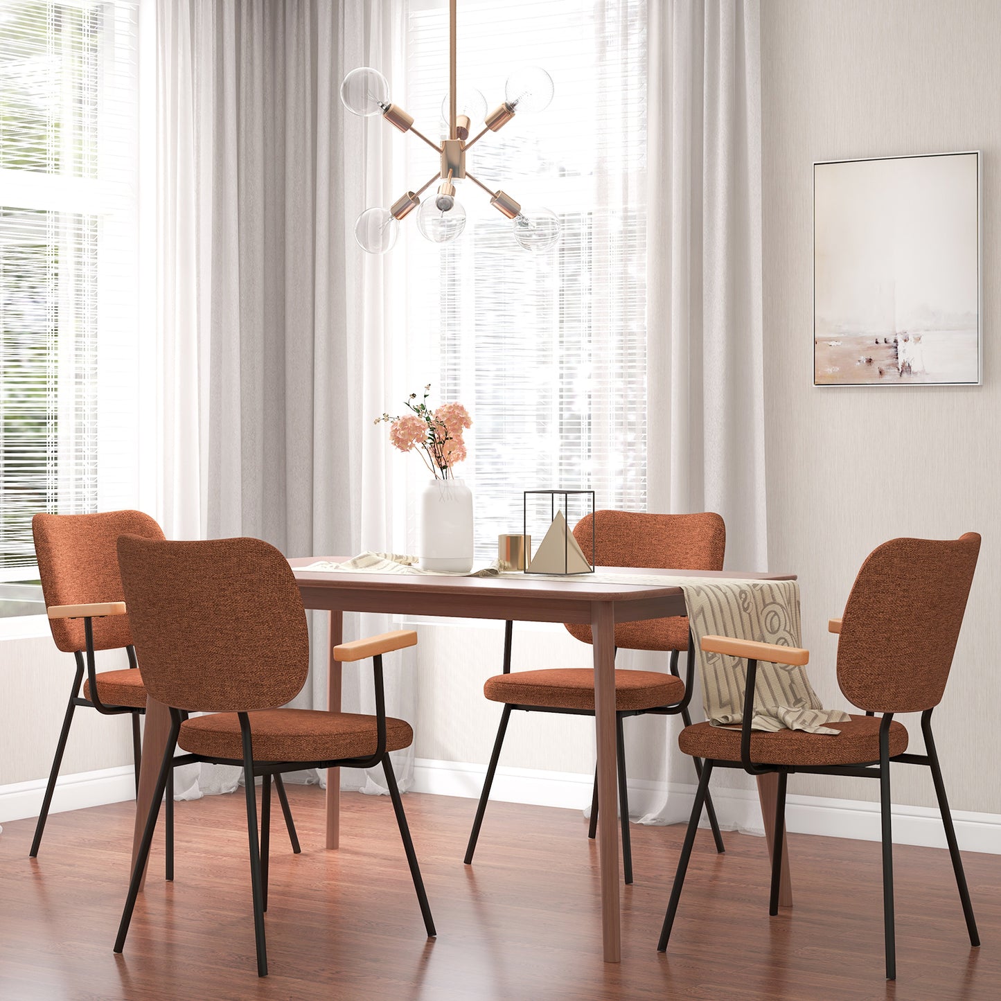 Set of 2 Modern Fabric Dining Chairs with Armrest and Curved Backrest-Orange