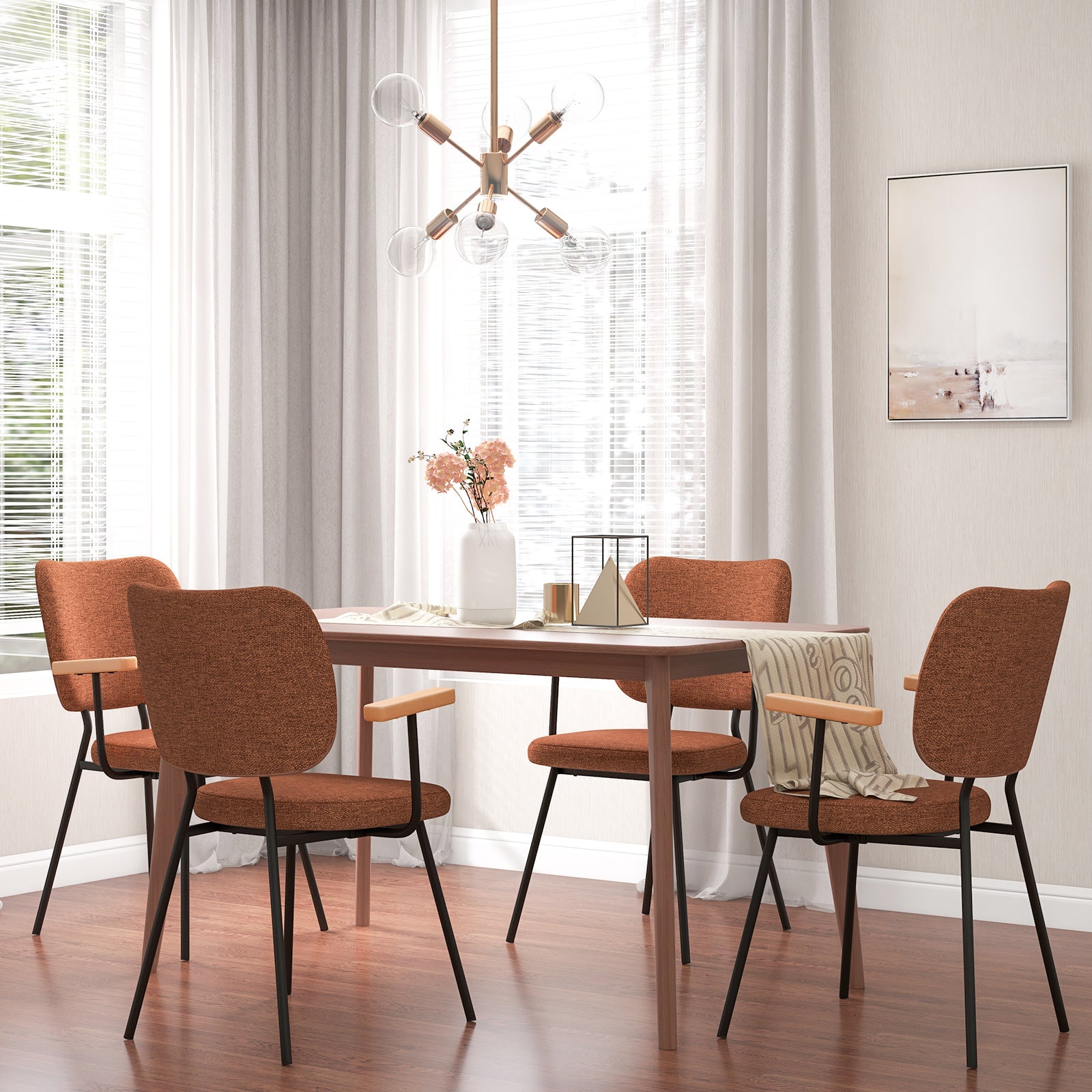 Set of 2 Modern Fabric Dining Chairs with Armrest and Curved Backrest-Orange