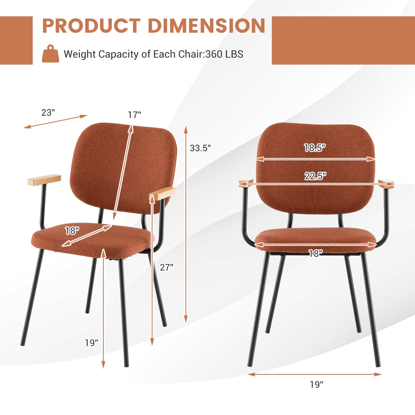 Set of 2 Modern Fabric Dining Chairs with Armrest and Curved Backrest-Orange
