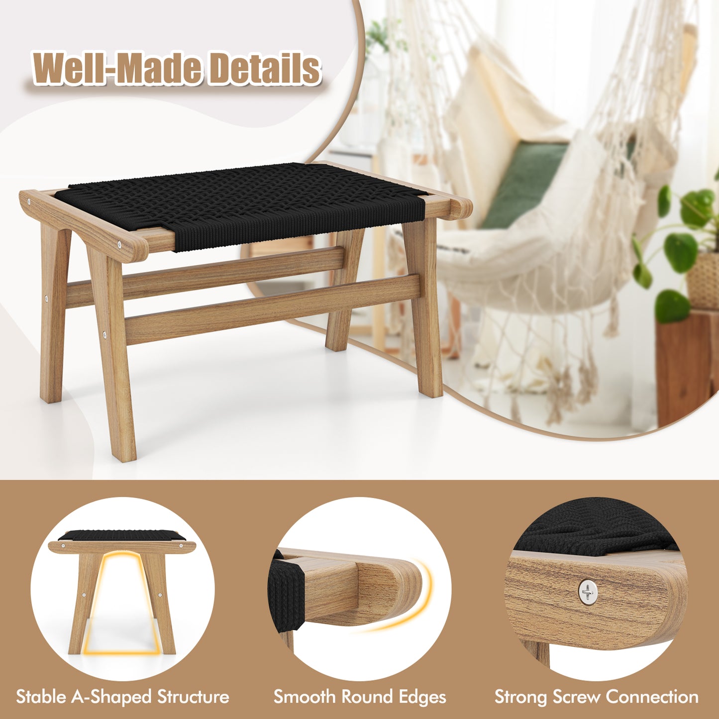Indoor Outdoor Ottoman Footstool Teak Wooden Foot Rest with Handwoven Cordage