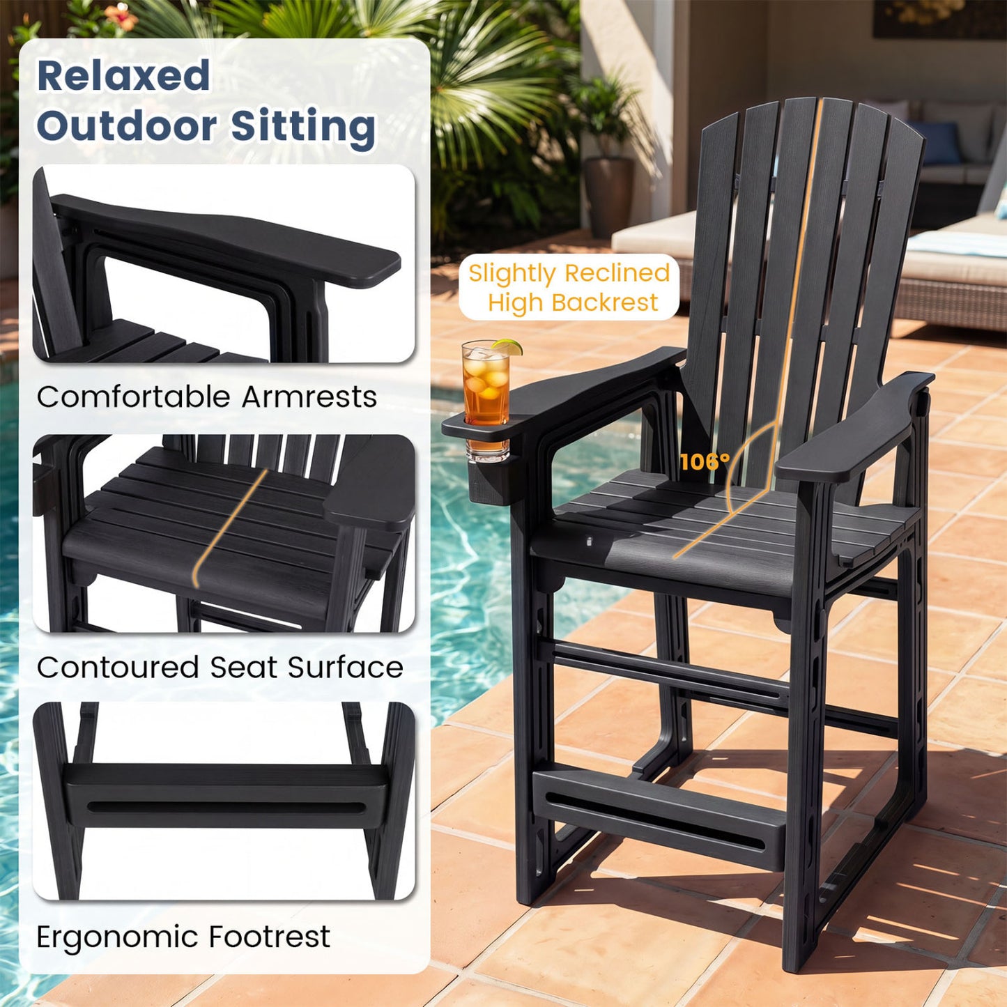 Outdoor Bar Stool 29" Height with Backrest and Armrests