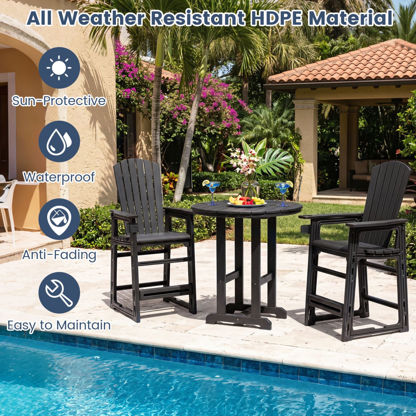 Outdoor Bar Stool 29" Height with Backrest and Armrests