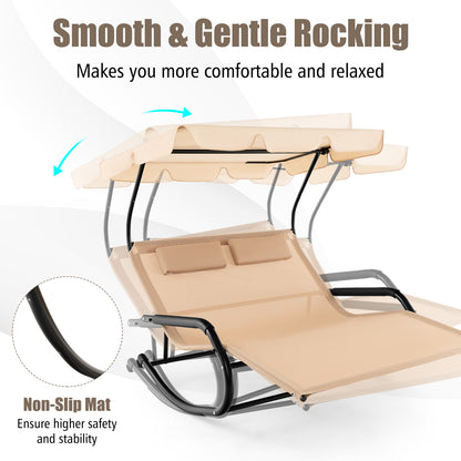 Outdoor 2 Persons Rocking Chaise Lounge with Canopy and Wheels-Beige
