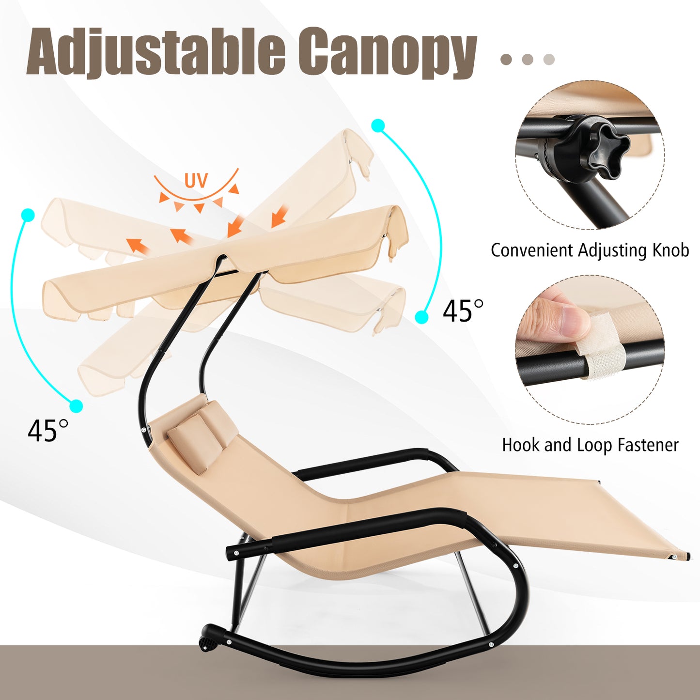 Outdoor 2 Persons Rocking Chaise Lounge with Canopy and Wheels-Beige