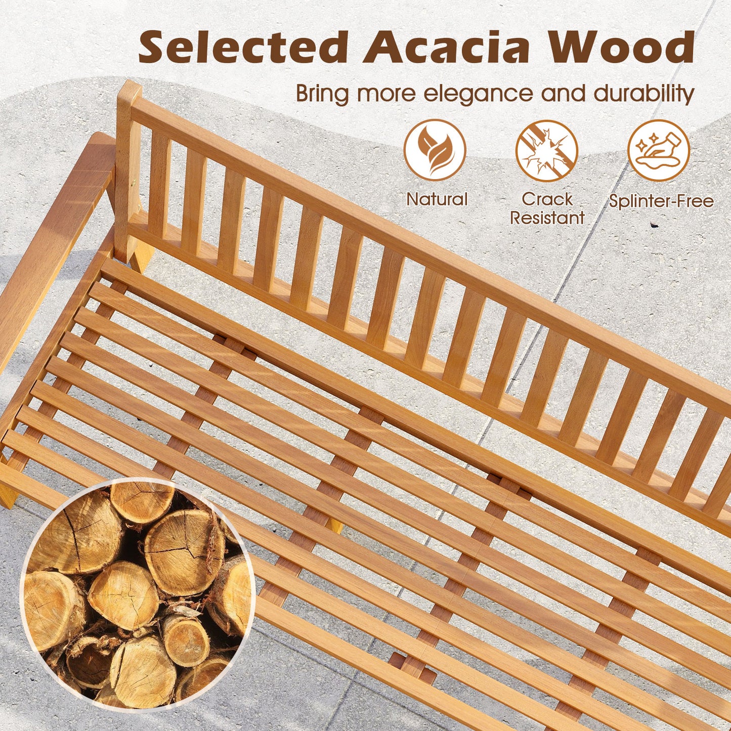 Outdoor 3-Seat Wood Bench with Seat Cushion and Slatted Seat-White