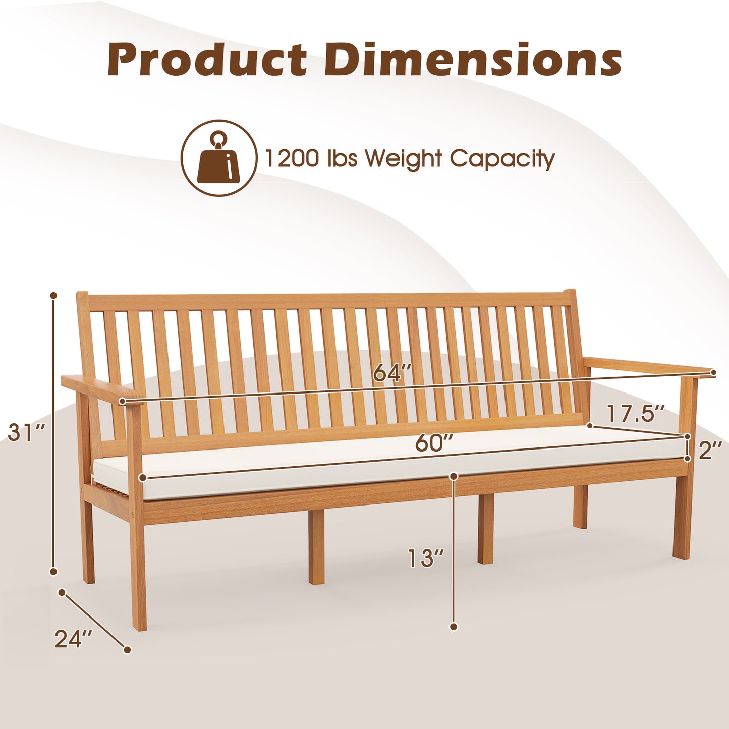Outdoor 3-Seat Wood Bench with Seat Cushion and Slatted Seat-White