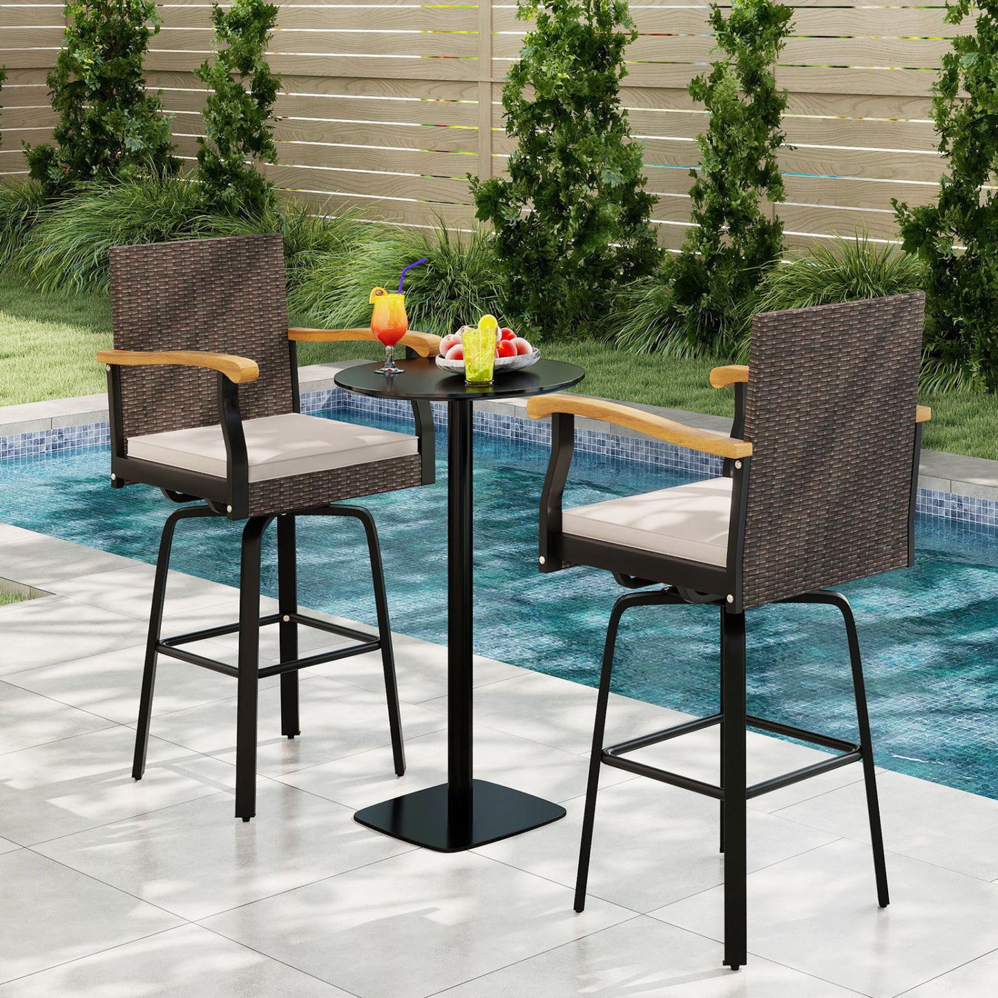 360° Swivel Outdoor Bar Stool with Cushion & Wood Armrests