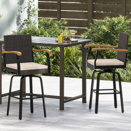 360° Swivel Outdoor Bar Stool with Cushion & Wood Armrests