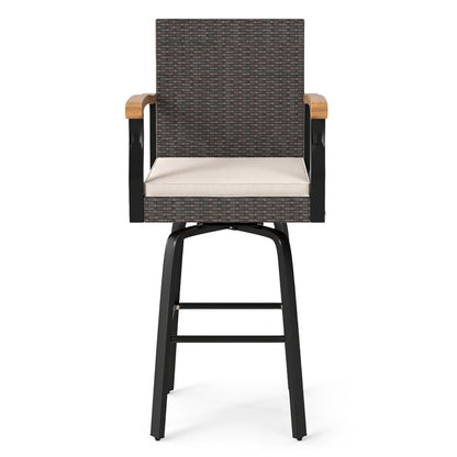 360° Swivel Outdoor Bar Stool with Cushion & Wood Armrests