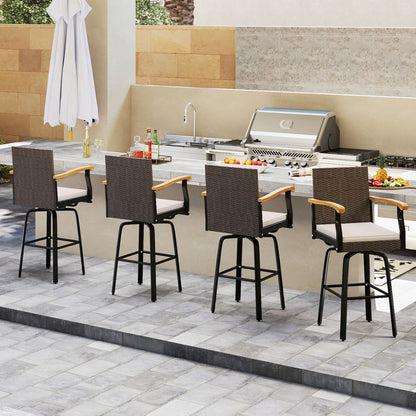 360° Swivel Outdoor Bar Stool with Cushion & Wood Armrests