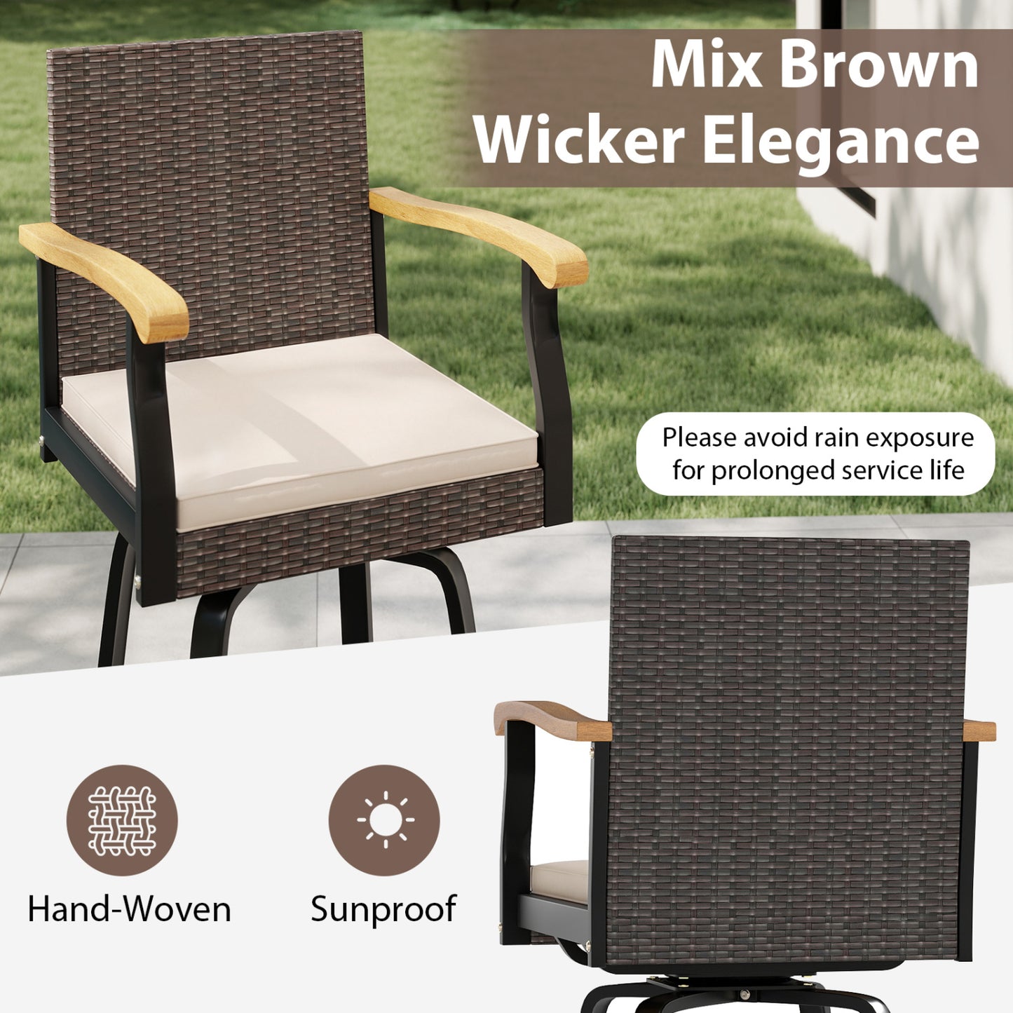 360° Swivel Outdoor Bar Stool with Cushion & Wood Armrests