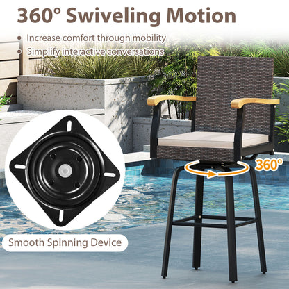 360° Swivel Outdoor Bar Stool with Cushion & Wood Armrests