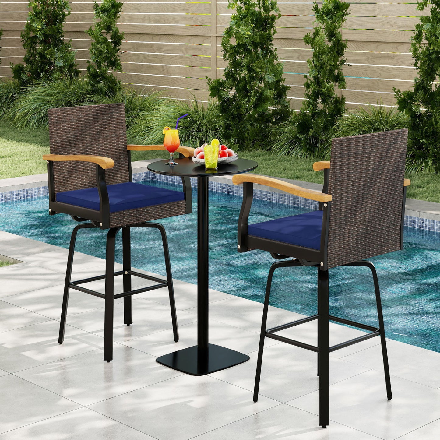 360° Swivel Outdoor Bar Stool with Cushion & Wood Armrests