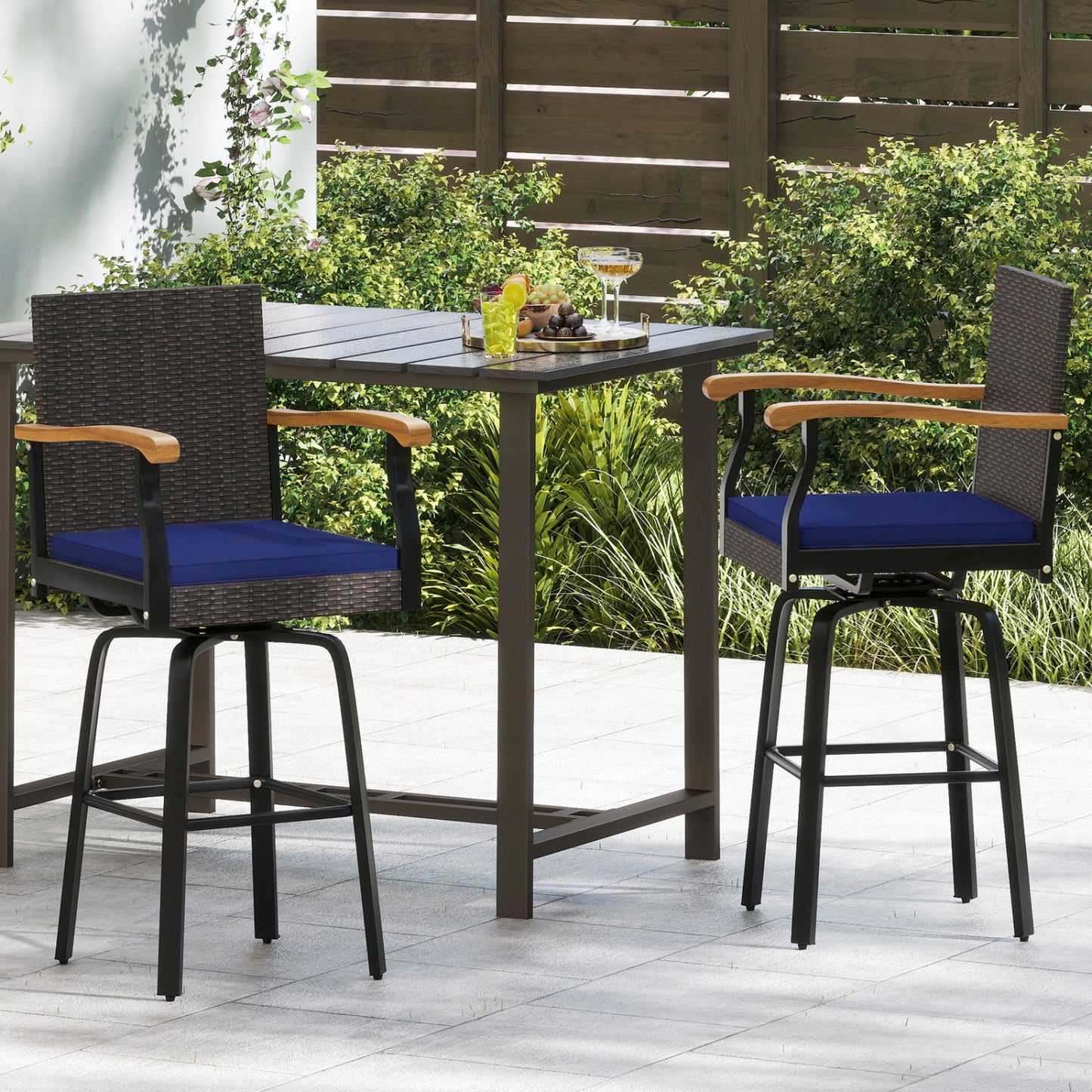 360° Swivel Outdoor Bar Stool with Cushion & Wood Armrests
