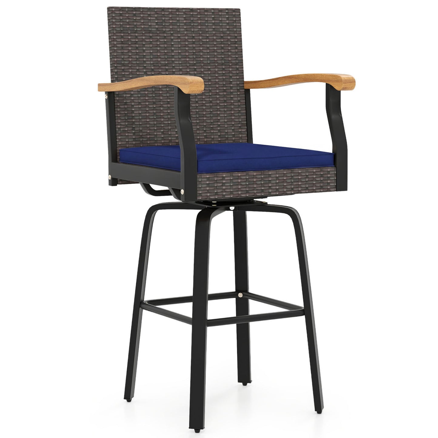 360° Swivel Outdoor Bar Stool with Cushion & Wood Armrests