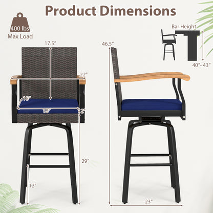 360° Swivel Outdoor Bar Stool with Cushion & Wood Armrests