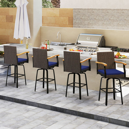 360° Swivel Outdoor Bar Stool with Cushion & Wood Armrests