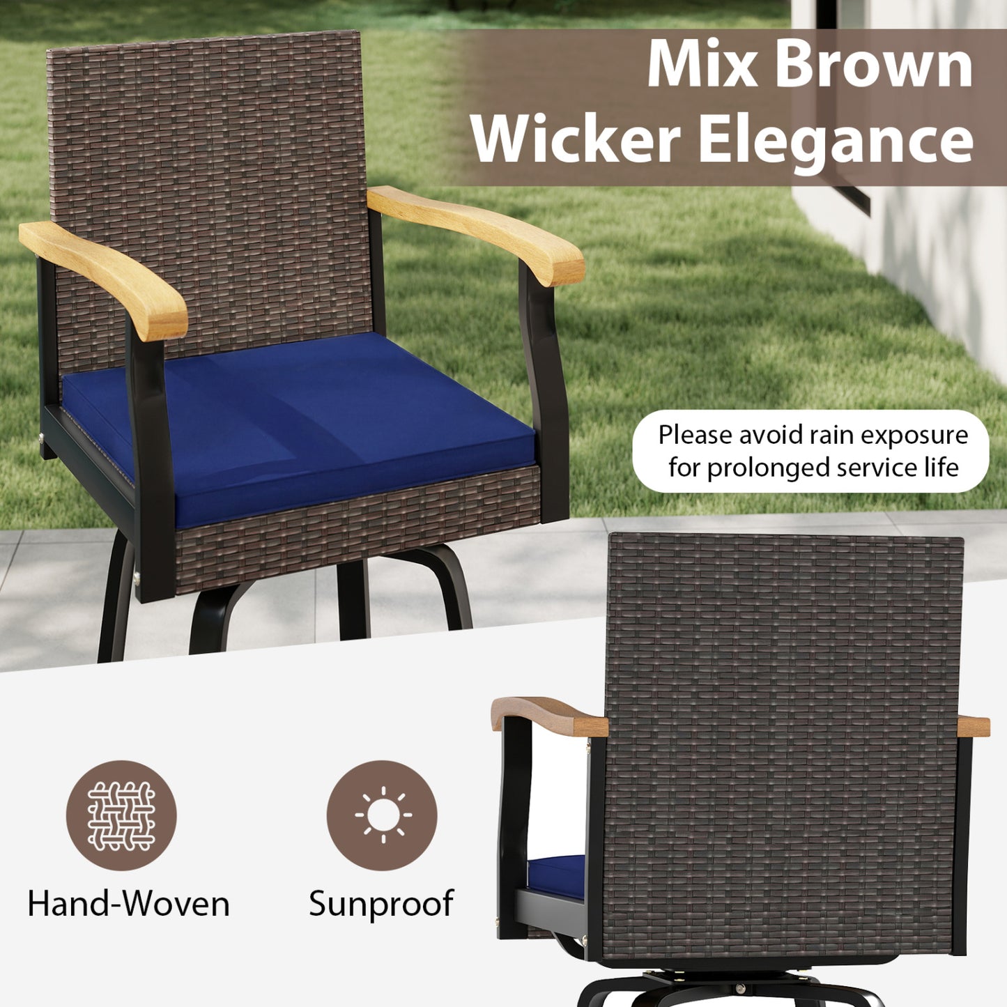 360° Swivel Outdoor Bar Stool with Cushion & Wood Armrests