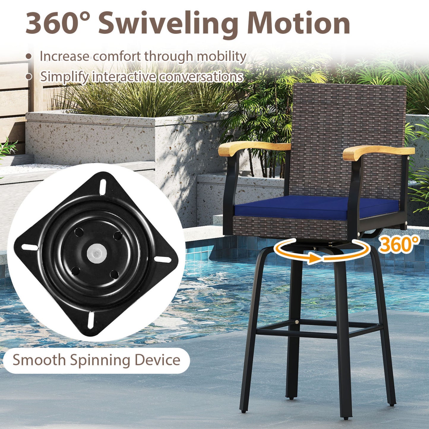 360° Swivel Outdoor Bar Stool with Cushion & Wood Armrests