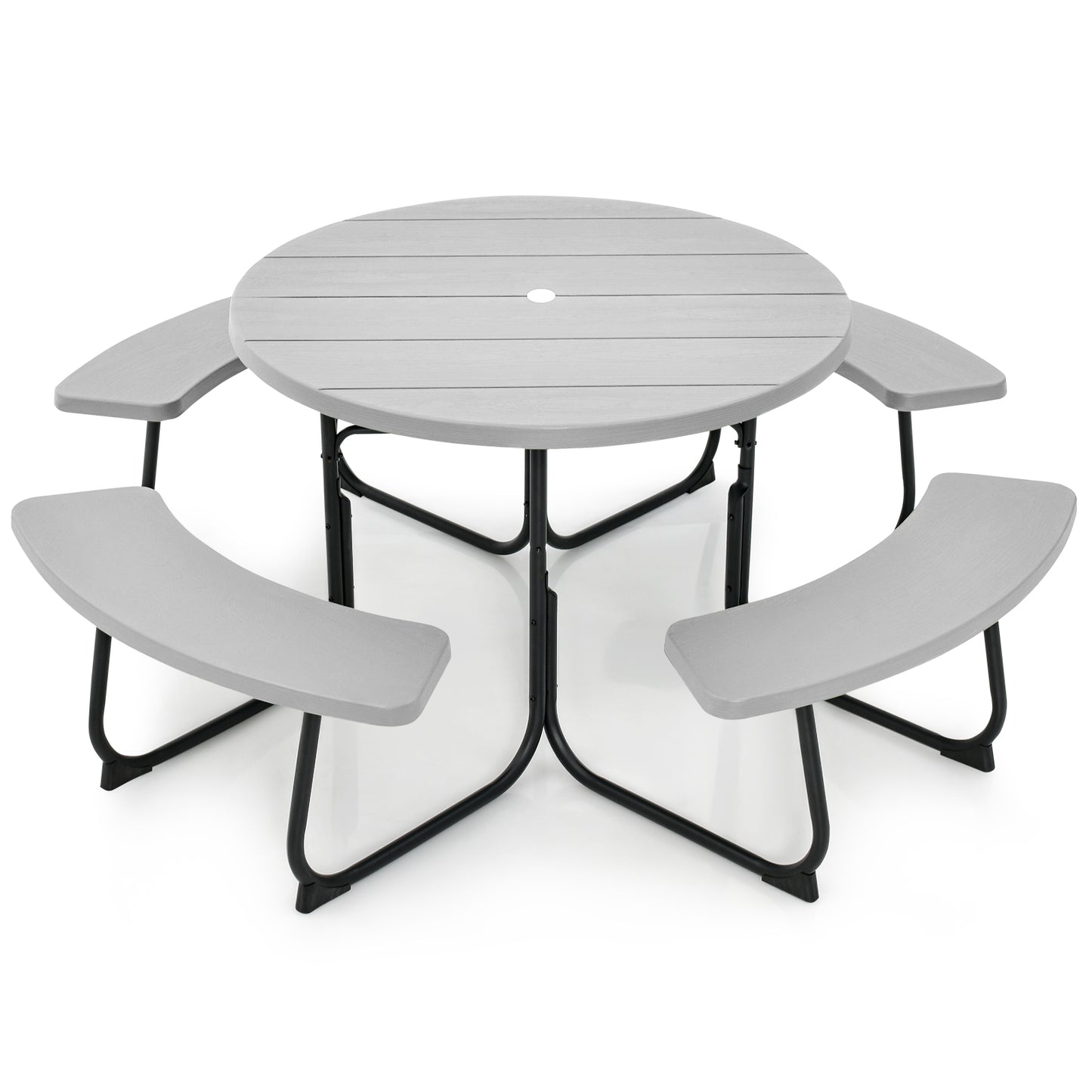 8-Person Outdoor Picnic Table and Bench Set with Umbrella Hole-Black - Gray