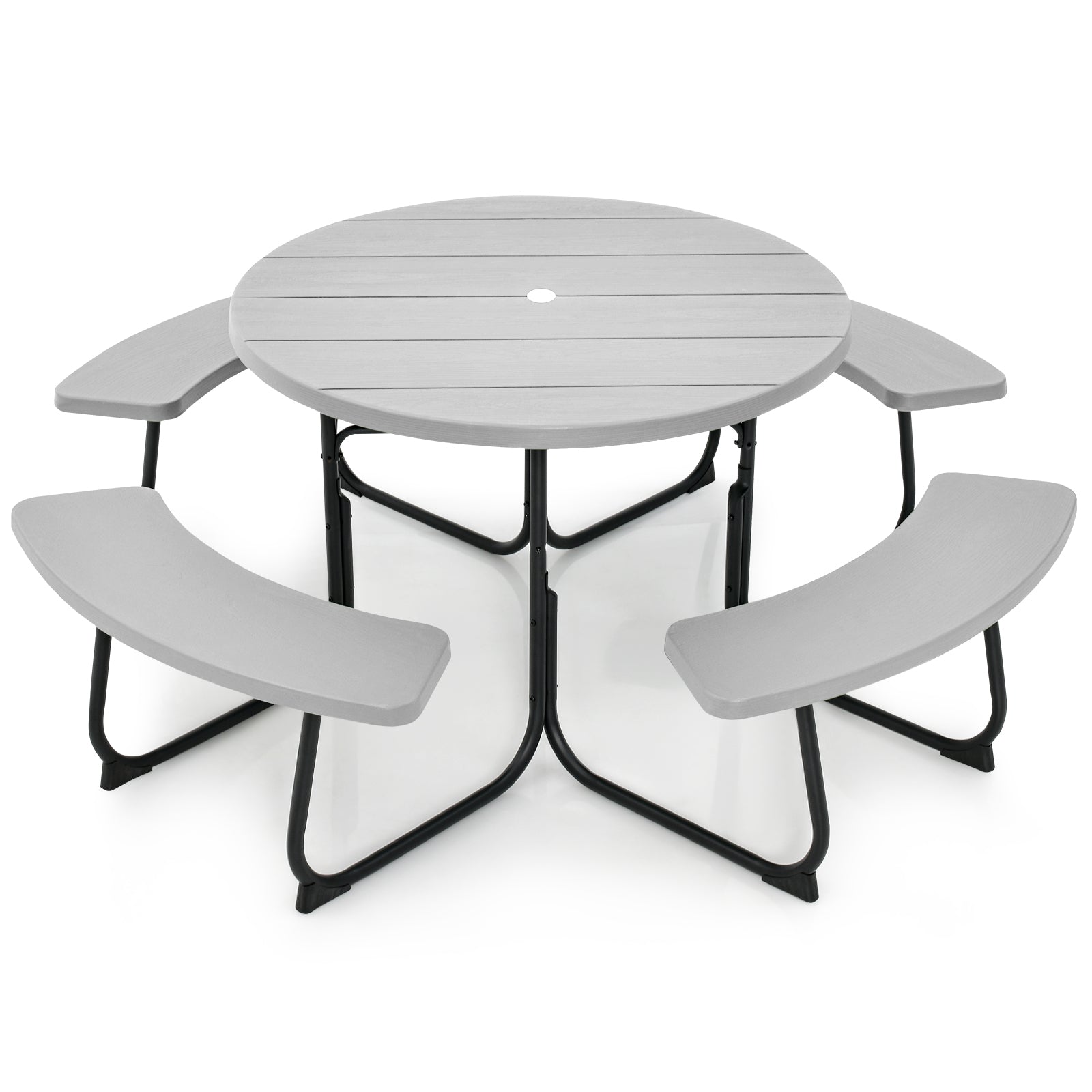 8-Person Outdoor Picnic Table and Bench Set with Umbrella Hole-Black - Gray
